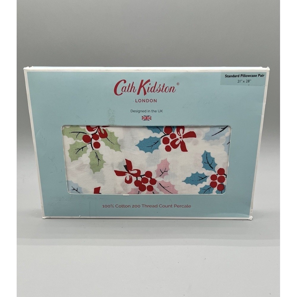 Cath Kidston London Cotton CHRISTMAS HOLLY Pillowcase/Sham STANDARD Set of 2 NIB